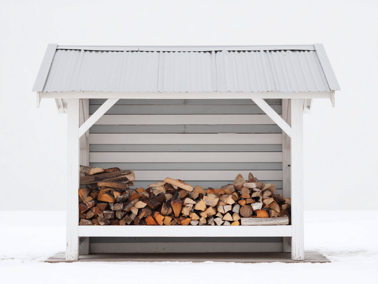 Abri à bûches - bois-métal - 205x66x148 cm - blanc-gris clair - style rustique