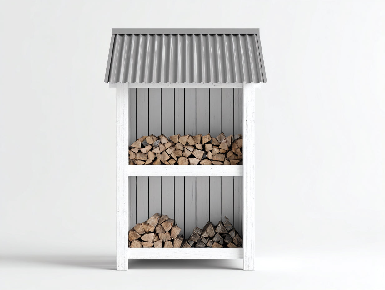 Abri à bûches - bois-métal - 132x52x157 cm - blanc-gris clair - style rustique