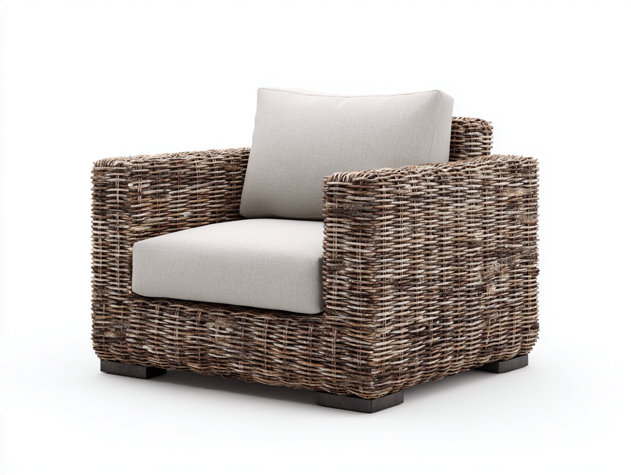 Fauteuil de jardin - rotin - tissu - bois - 118x98x75 cm - marron-gris clair - style naturel contemporain
