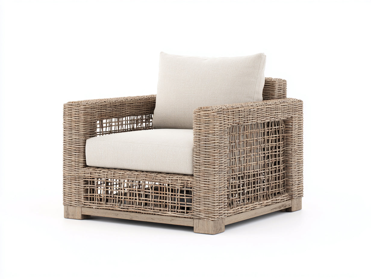 Fauteuil de jardin - rotin - tissu - bois - 119x99x74 cm - beige-marron - style naturel
