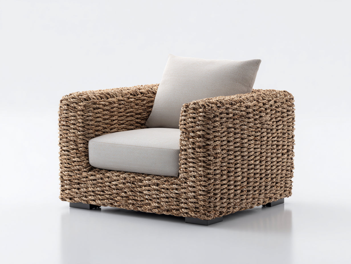 Fauteuil de jardin - rotin - tissu - bois - 118x99x74 cm - marron-beige - style naturel contemporain