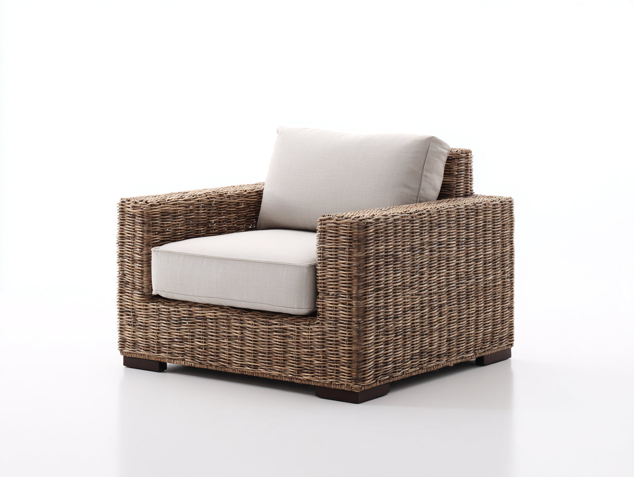 Fauteuil de jardin - rotin - tissu - bois - 122x100x75 cm - marron-beige - style naturel contemporain