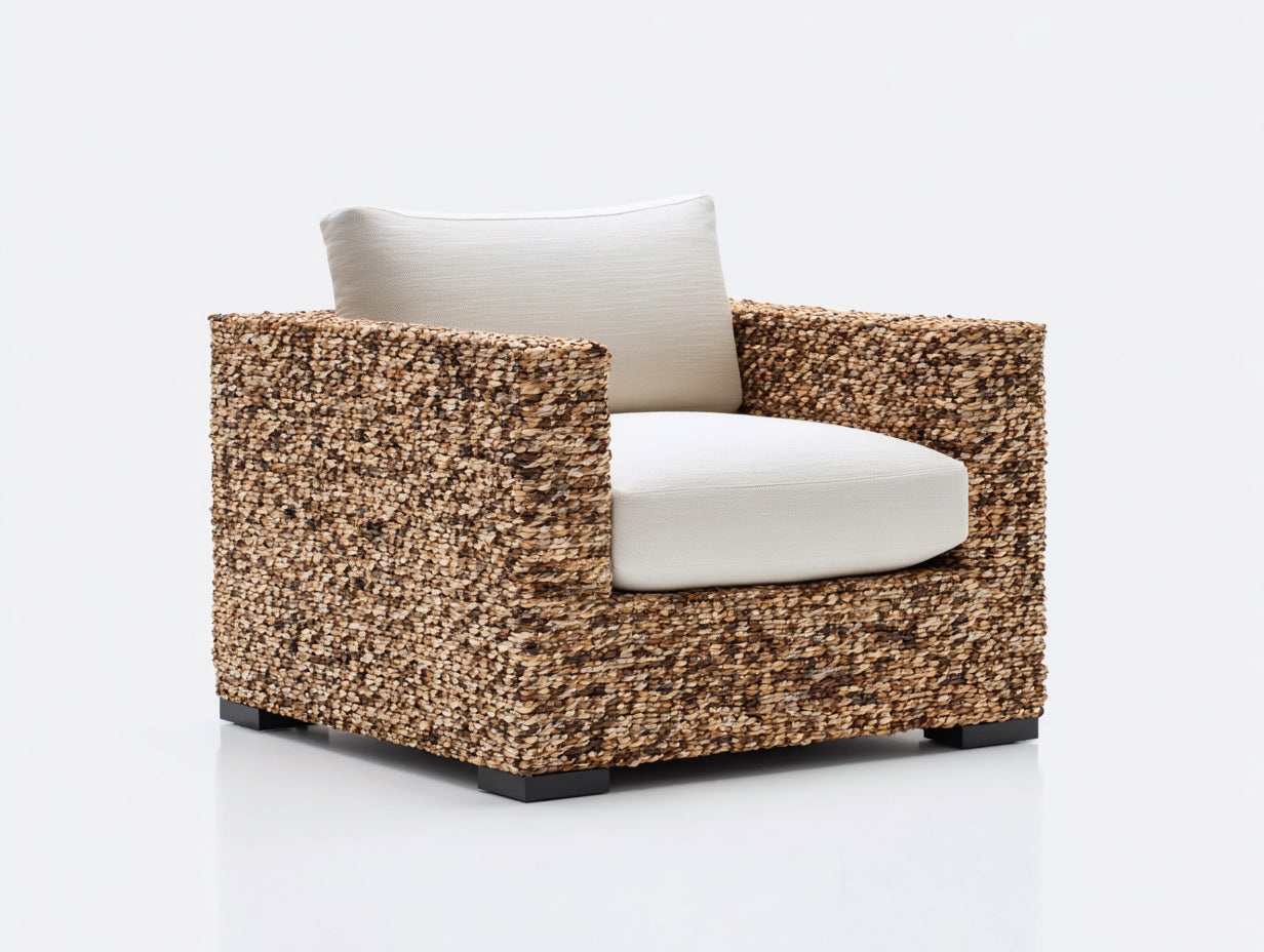 Fauteuil de jardin - rotin - tissu - bois - 119x101x73 cm - marron-beige - style naturel