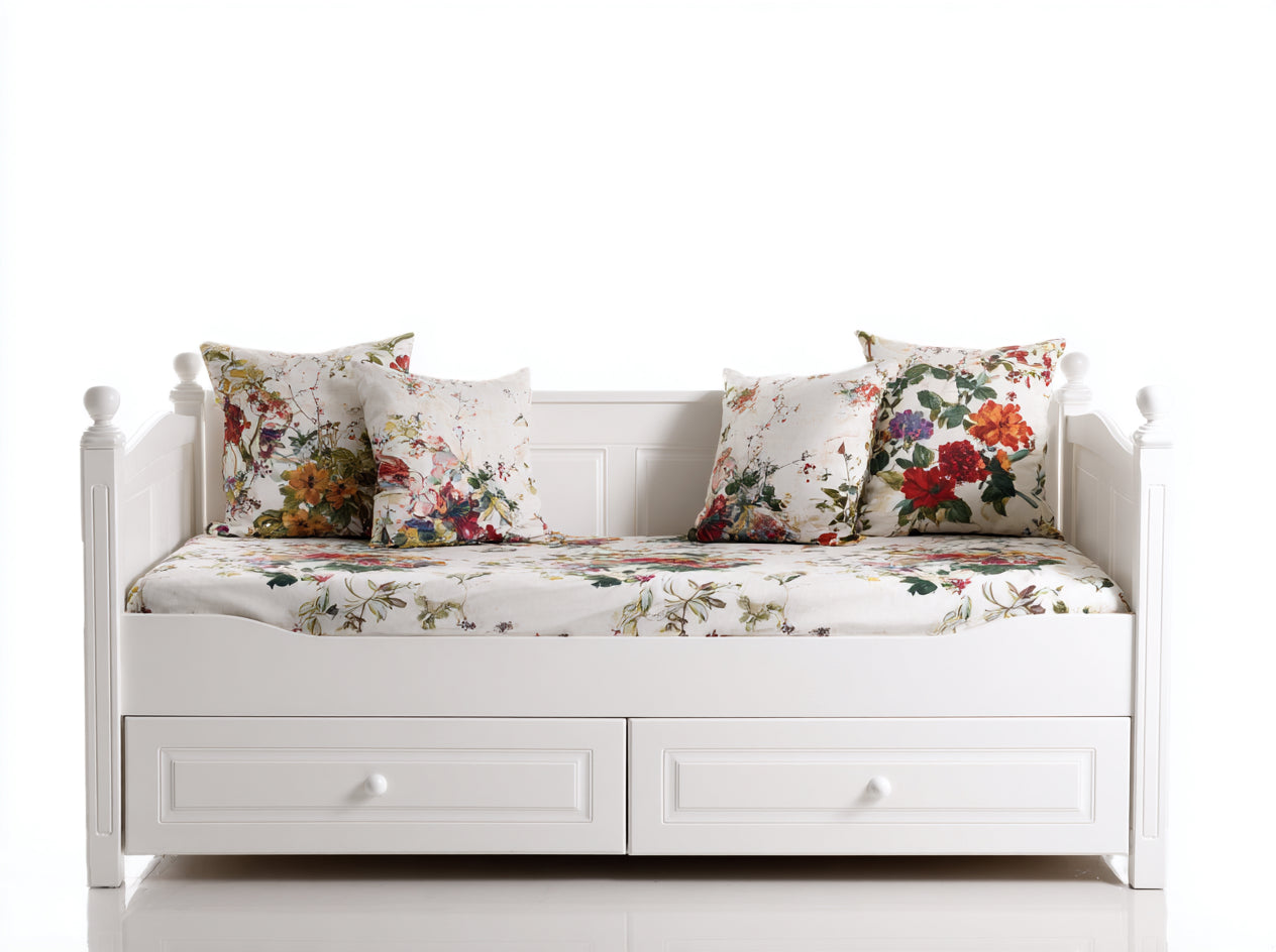Canapé lit - bois - tissu - 216x95x89 cm - blanc-rouge-vert-orange - style campagne chic