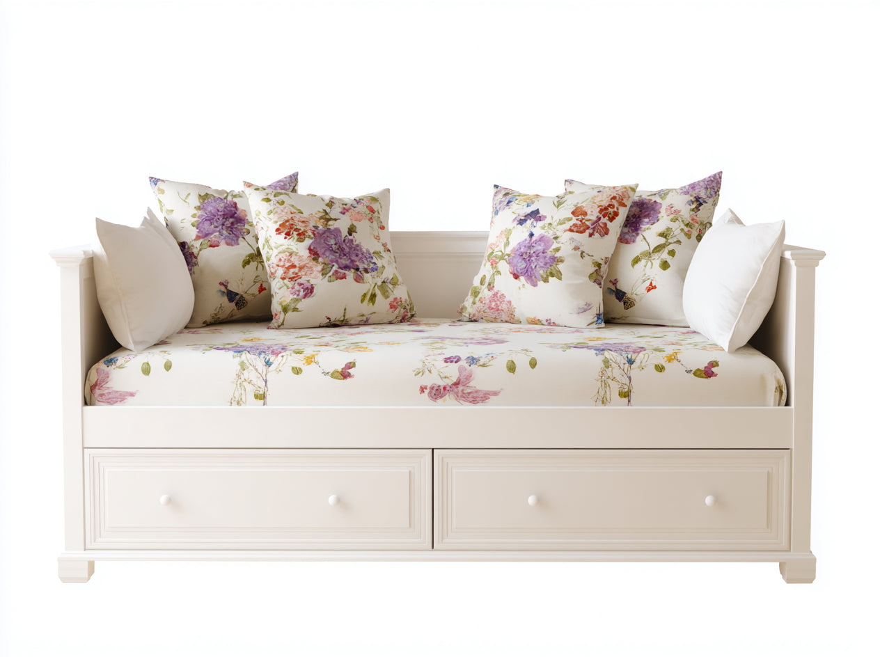 Canapé lit - bois - tissu - 206x91x79 cm - blanc-violet-vert-rose - style campagne chic