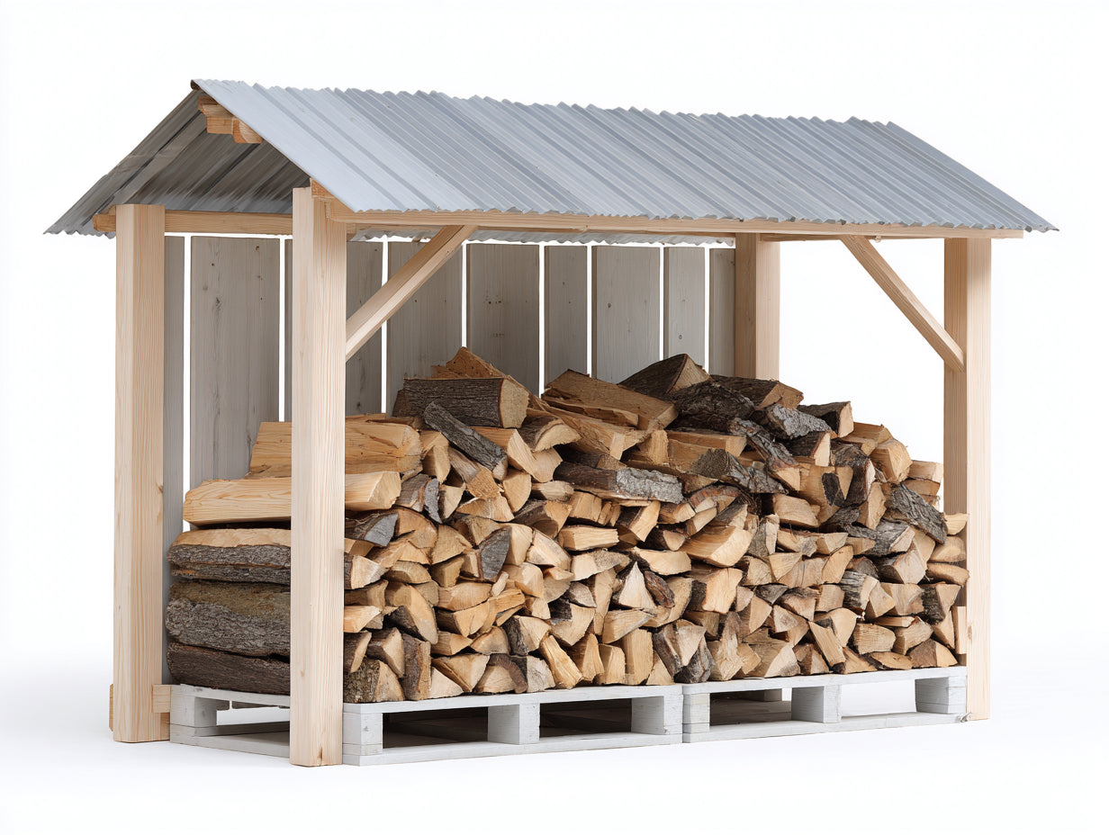 Abri à bûches - bois-métal-béton - 232x82x151 cm - bois naturel-gris clair - style rustique