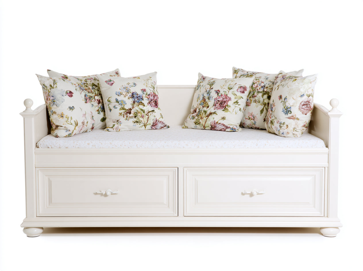 Canapé lit - bois - tissu - 214x92x86 cm - blanc-rose-vert-bleu - style campagne chic