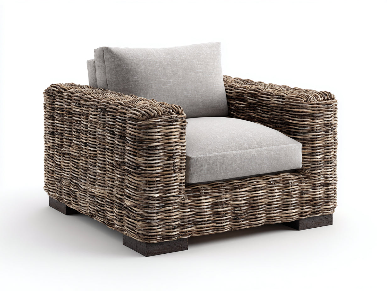 Fauteuil de jardin - rotin-tissu-bois - 112x96x74 cm - marron-gris clair - style naturel contemporain