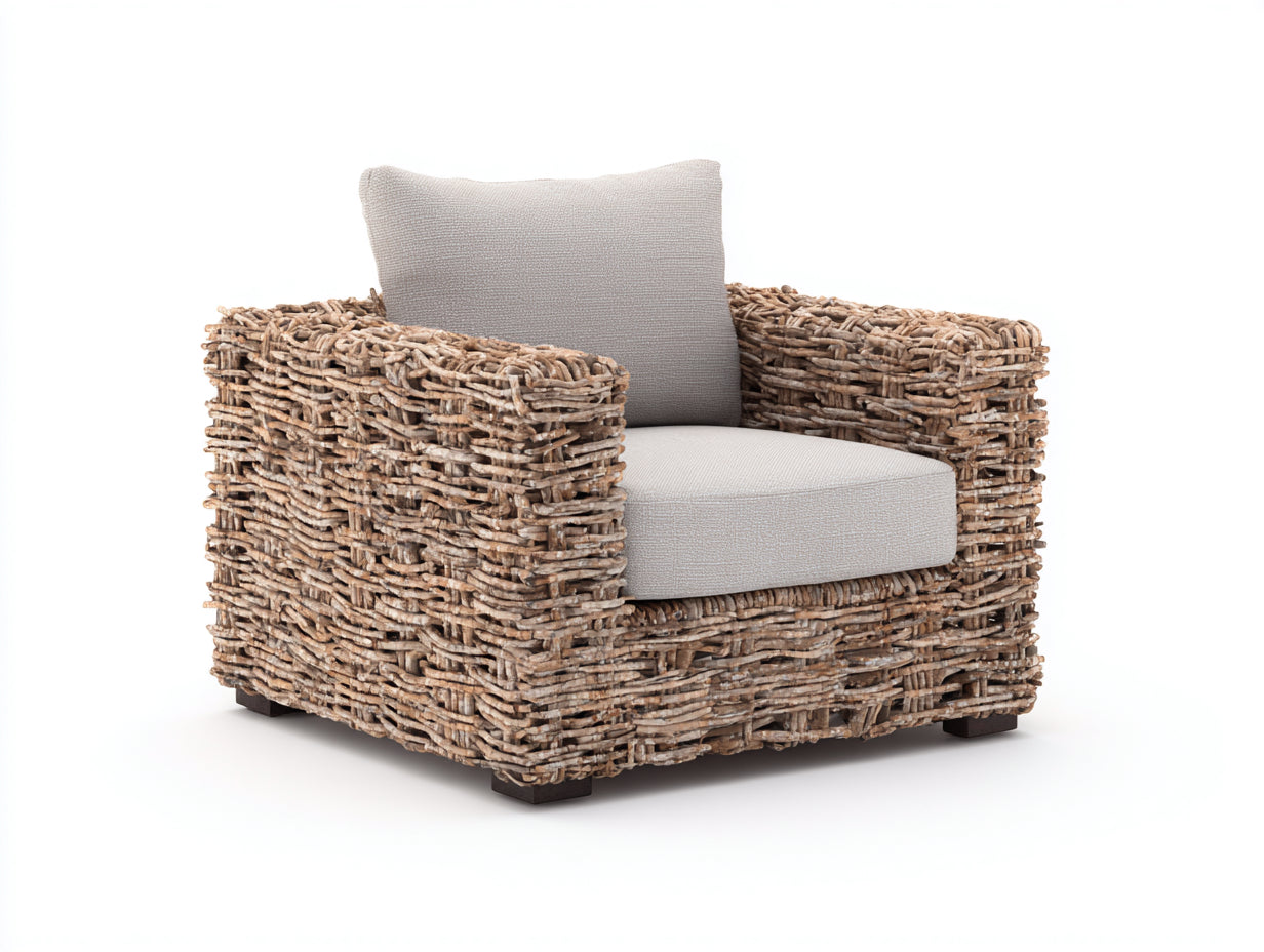 Fauteuil de jardin - rotin - tissu - bois - 116x97x73 cm - marron-gris clair - style naturel contemporain