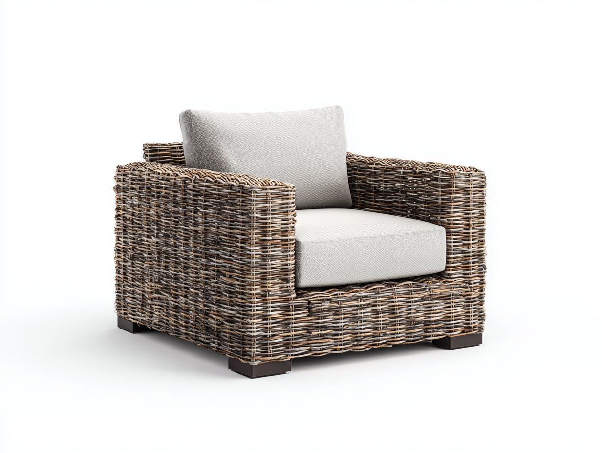 Fauteuil de jardin - rotin - tissu - bois - 114x95x73 cm - marron-gris clair - style naturel
