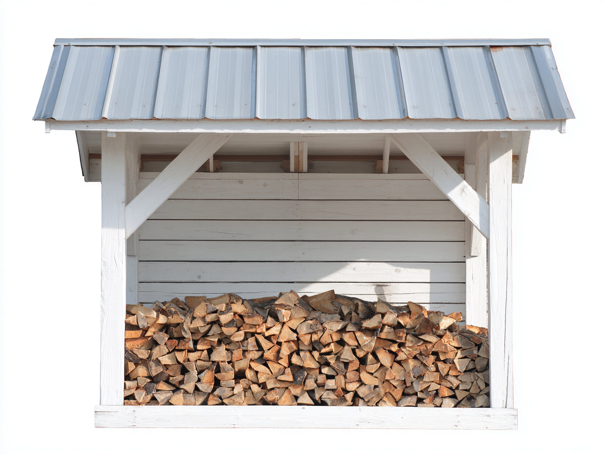 Abri à bûches - bois-métal - 218x69x152 cm - blanc-gris clair - style rustique
