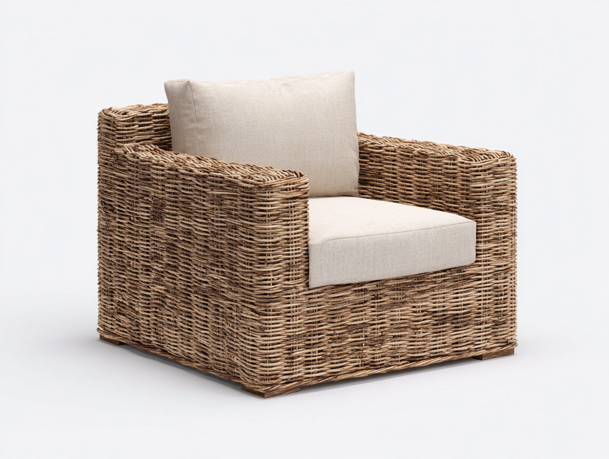 Fauteuil de jardin - rotin - tissu - 117x100x74 cm - beige-marron - style naturel